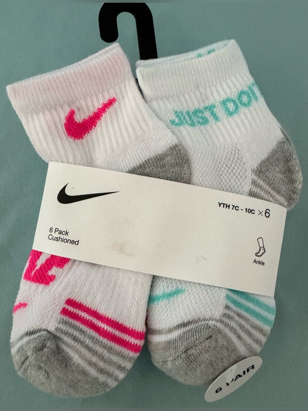 Girls 6 Pack Nike White Cushioned Ankle Socks with Pink and Teal Accents